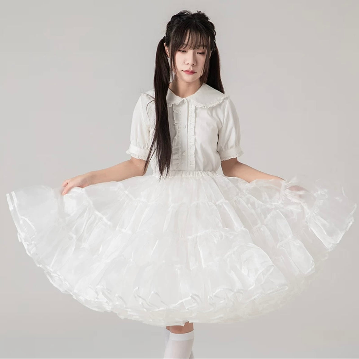 Lolita Petticoats White Cake Layer Ruffle Puffy Pannier Crinoline Organza 21.5inches