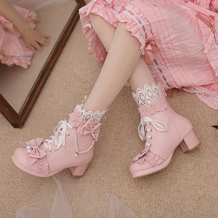 Lolita Shoes Sweet Bow Pink Bow Lace Short Boots with Thick Heels Lolita Martin Boots