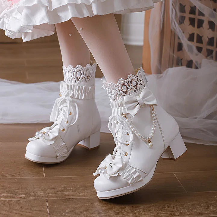 Lolita Shoes Sweet Bow Pink Bow Lace Short Boots with Thick Heels Lolita Martin Boots