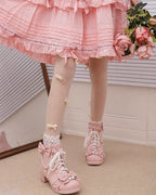 Lolita Shoes Sweet Bow Pink Bow Lace Short Boots with Thick Heels Lolita Martin Boots