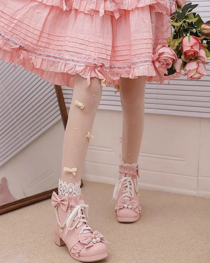 Lolita Shoes Sweet Bow Pink Bow Lace Short Boots with Thick Heels Lolita Martin Boots