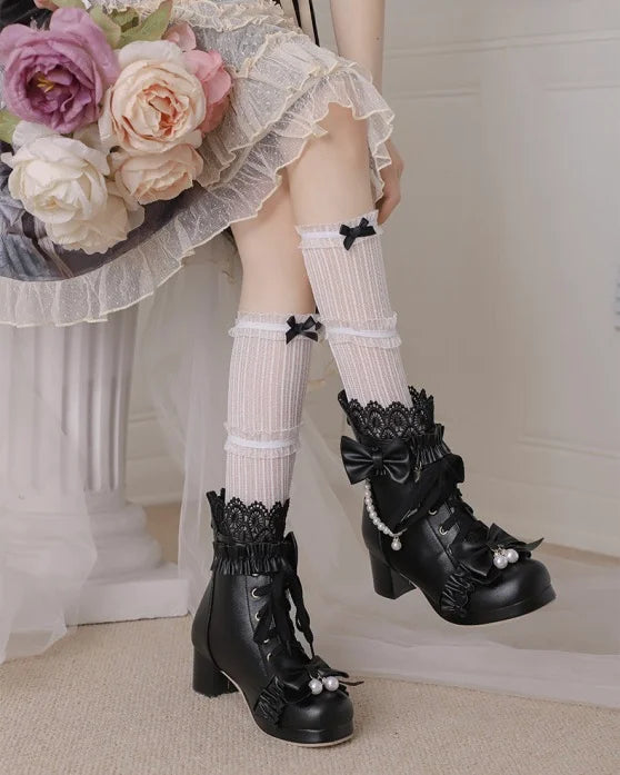 Lolita Shoes Sweet Bow Pink Bow Lace Short Boots with Thick Heels Lolita Martin Boots