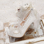 Lolita Shoes White Lace Bow Elegant Lolita Pearl Pearl High Heels Fairy Bridal Wedding Daily