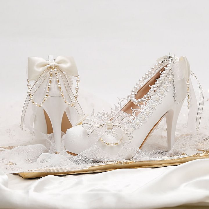 Lolita Shoes White Lace Bow Elegant Lolita Pearl Pearl High Heels Fairy Bridal Wedding Daily