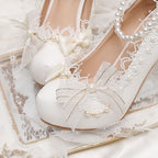 Lolita Shoes White Lace Bow Elegant Lolita Pearl Pearl High Heels Fairy Bridal Wedding Daily