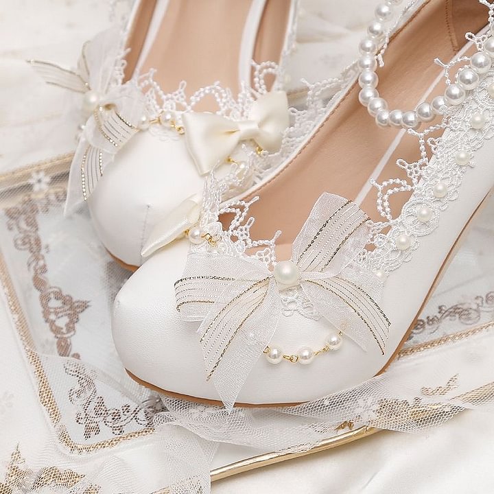 Lolita Shoes White Lace Bow Elegant Lolita Pearl Pearl High Heels Fairy Bridal Wedding Daily