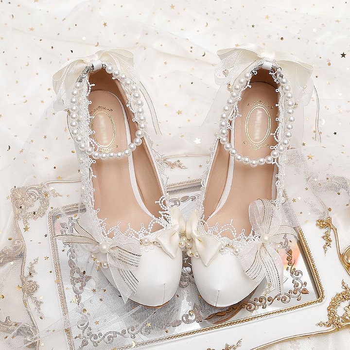 Lolita Shoes White Lace Bow Elegant Lolita Pearl Pearl High Heels Fairy Bridal Wedding Daily