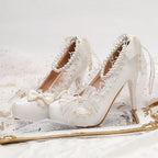 Lolita Shoes White Lace Bow Elegant Lolita Pearl Pearl High Heels Fairy Bridal Wedding Daily