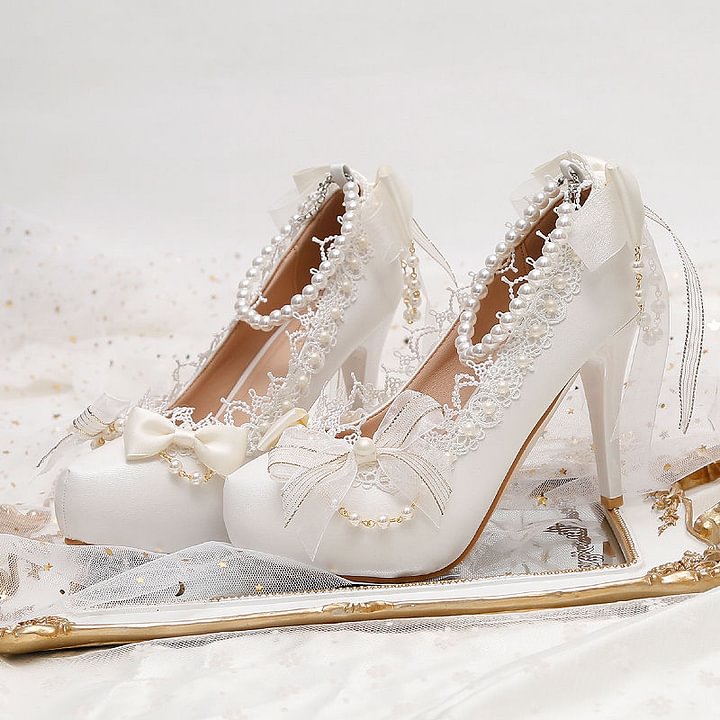 Lolita Shoes White Lace Bow Elegant Lolita Pearl Pearl High Heels Fairy Bridal Wedding Daily