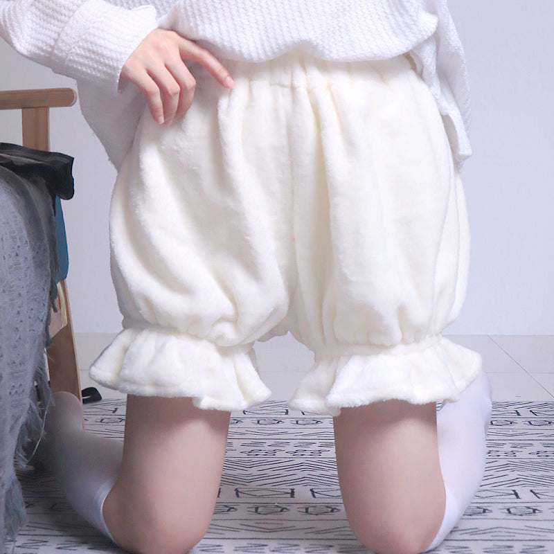 Lolita Shorts Fleece Lined Pumpkin Shorts Autumn Spring JK Lolita Plush Warm Safety Bloomers White