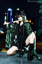 Fusing Lolita’s delicate structure with cyberpunk rebellion, these shorts feature tactical harness details and glitch-art graphics printed on sturdy cotton blend. The high-waisted cut and voluminous silhouette contrast with industrial straps and neon accents, creating a dystopian yet playful energy. Designed for layered streetwear ensembles, they bridge virtual aesthetics and tangible attitude, perfect for commanding the night in digital-edged elegance.