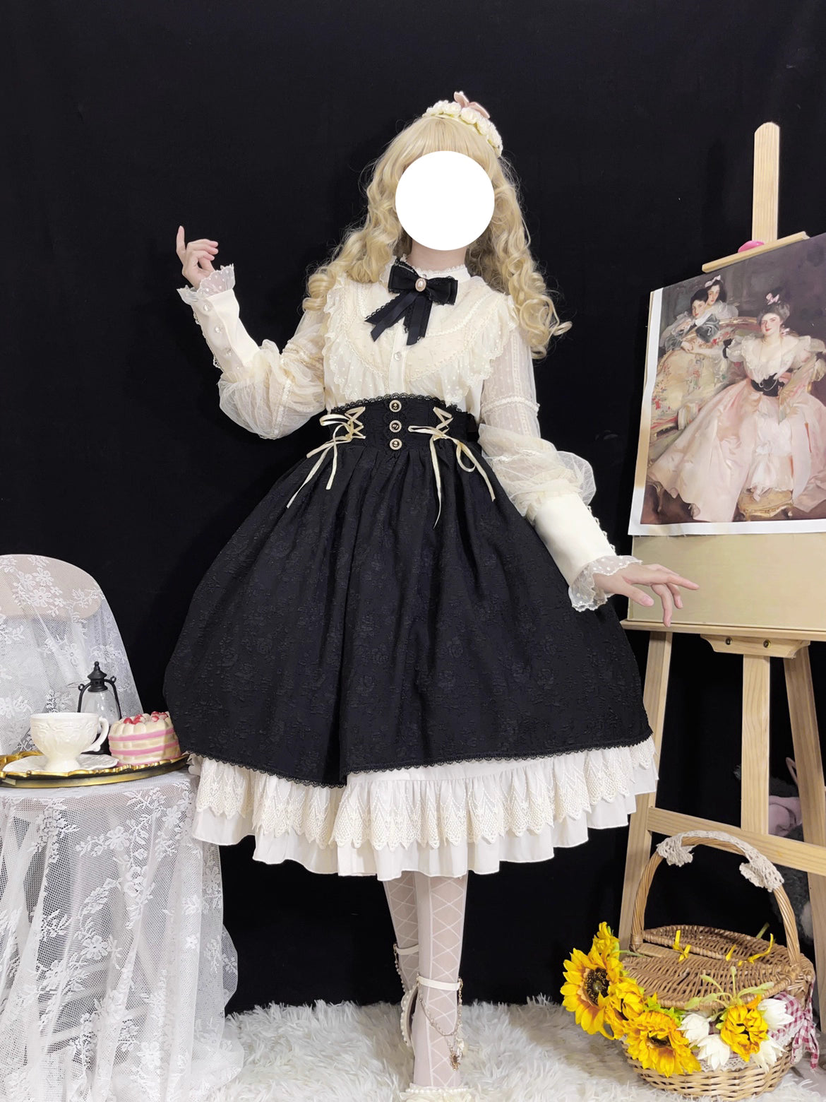 This Lolita high-waist skirt features a vintage CLA-inspired court style, combining elegance with classic Lolita charm. The structured silhouette and refined tailoring create a graceful look, perfect for layering with blouses or wearing as a statement piece. Designed in black, it adds sophistication and versatility to any Lolita wardrobe.