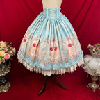 Design Concept:
This Lolita skirt in lake blue features a high-waist design with a delicate lace hem and charming rose print throughout, capturing a sweet and elegant Lolita aesthetic. The combination of soft color and floral detail adds a touch of romance, making it perfect for daily wear, tea parties, or casual Lolita gatherings.