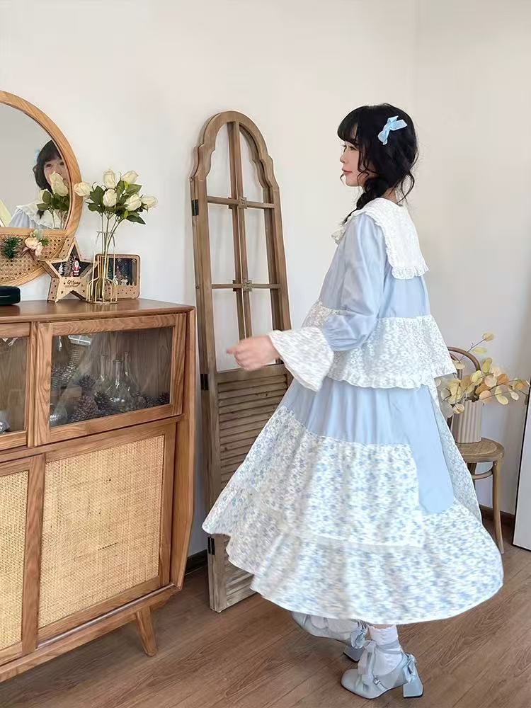 Design Concept:
This Lolita skirt features a charming patchwork design in soft apricot and delicate blue hues, adorned with floral prints and lace trim. The high-waisted silhouette and layered construction create a playful yet elegant princess look, perfect for daily wear, tea parties, or casual Lolita gatherings. The lightweight, breathable fabric ensures comfort while maintaining the skirt’s structured, whimsical shape.