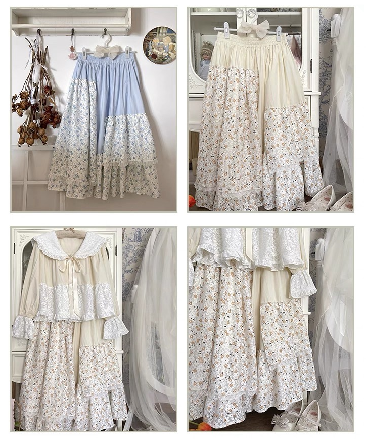 Design Concept:
This Lolita skirt features a charming patchwork design in soft apricot and delicate blue hues, adorned with floral prints and lace trim. The high-waisted silhouette and layered construction create a playful yet elegant princess look, perfect for daily wear, tea parties, or casual Lolita gatherings. The lightweight, breathable fabric ensures comfort while maintaining the skirt’s structured, whimsical shape.