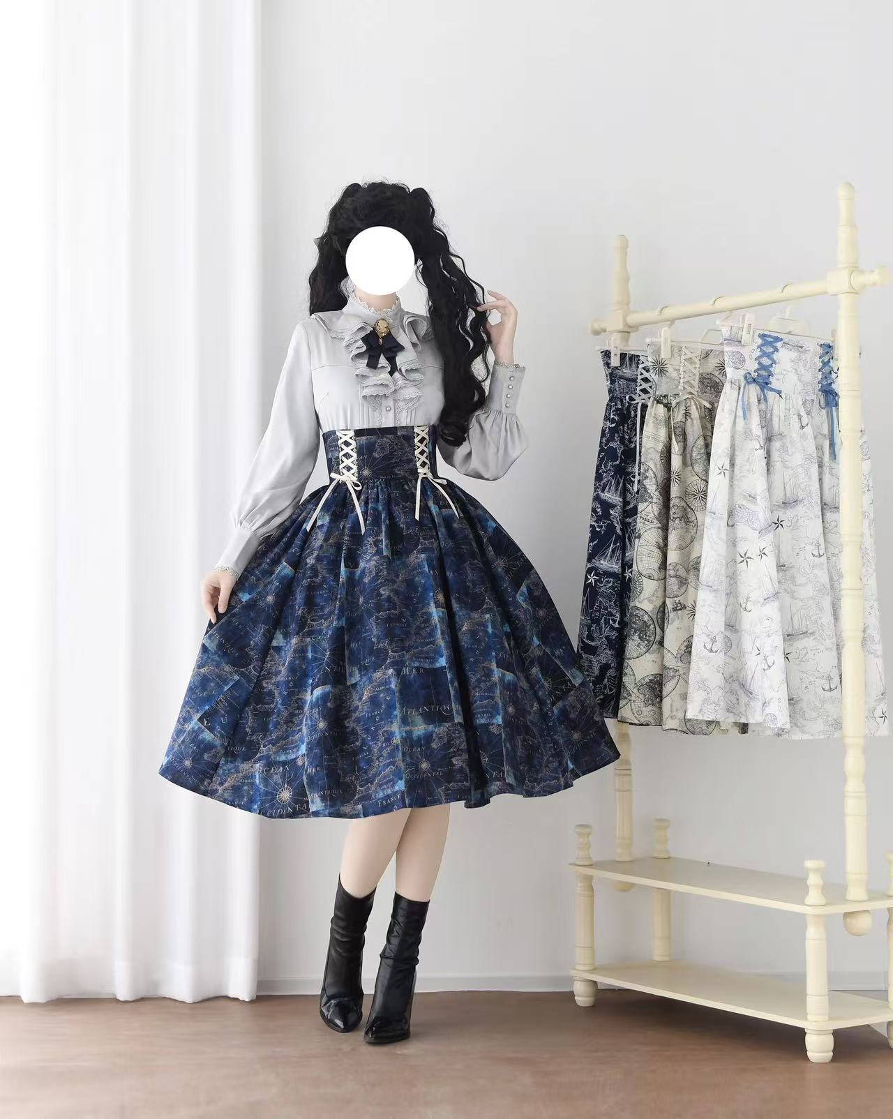 Design Concept:
This Lolita skirt features a vintage navy design with a high-waist puffed silhouette and a captivating starry gradient pattern, inspired by classic English style. The skirt combines elegance with a playful, voluminous shape, making it perfect for daily wear, tea parties, or casual Lolita gatherings. Its soft, breathable fabric ensures comfort while maintaining a structured look, ideal for layering with blouses, jumpers, or outerwear.