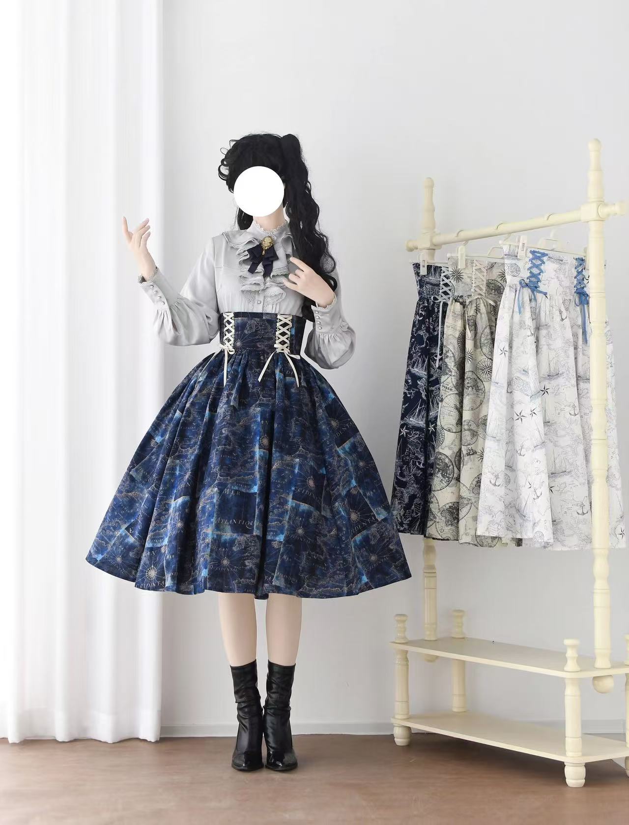 Design Concept:
This Lolita skirt features a vintage navy design with a high-waist puffed silhouette and a captivating starry gradient pattern, inspired by classic English style. The skirt combines elegance with a playful, voluminous shape, making it perfect for daily wear, tea parties, or casual Lolita gatherings. Its soft, breathable fabric ensures comfort while maintaining a structured look, ideal for layering with blouses, jumpers, or outerwear.