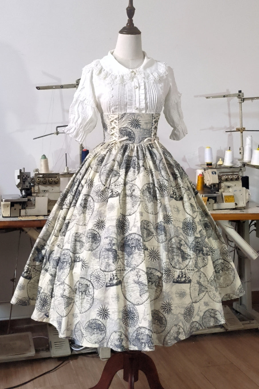 Embark on a journey of timeless elegance with this nautical-inspired Lolita skirt. Crafted in a soft beige hue, the design features intricate vintage sailing ship prints that evoke the romance of oceanic adventures. The high-waist cut and generously flared hem create a dramatic yet graceful silhouette, perfect for twirling. Made from premium lightweight fabric, this skirt balances sophistication with comfort. Ideal for seaside gatherings, themed events, or adding a touch of whimsical nostalgia to your coord