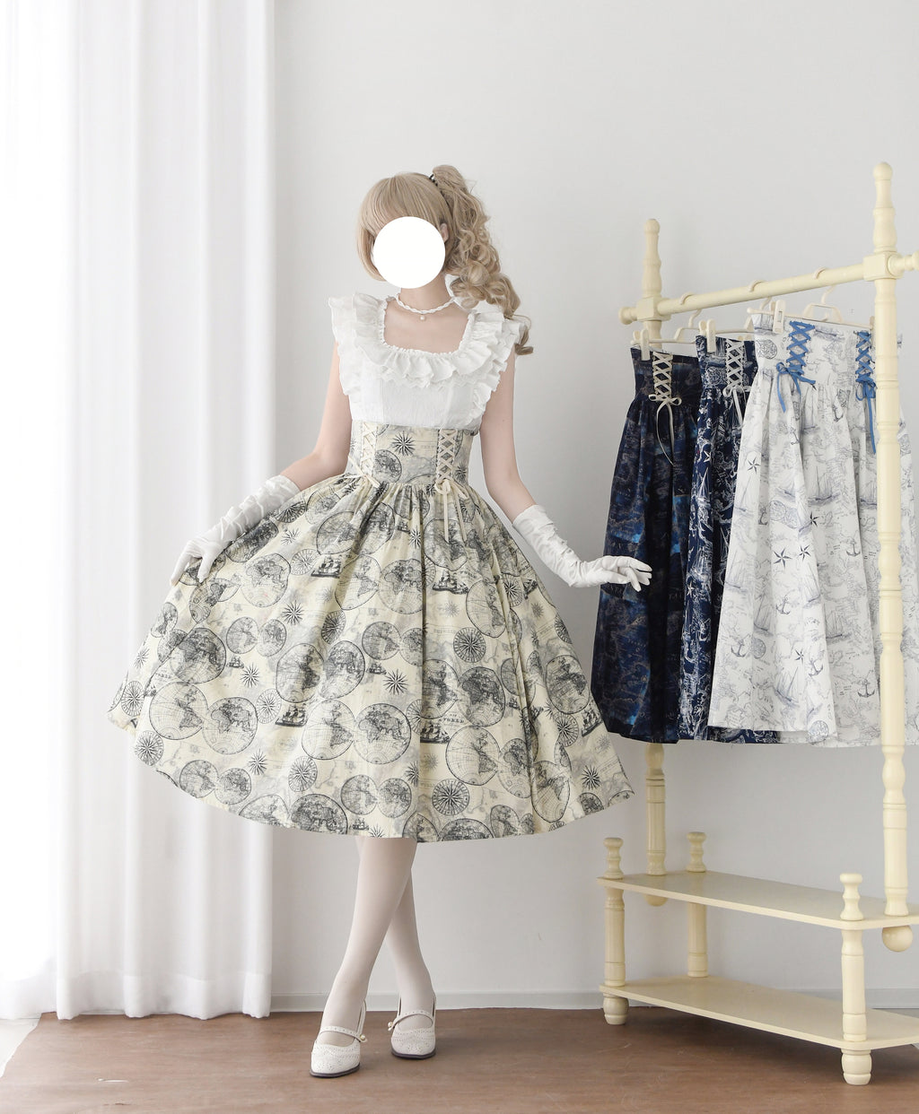Embark on a journey of timeless elegance with this nautical-inspired Lolita skirt. Crafted in a soft beige hue, the design features intricate vintage sailing ship prints that evoke the romance of oceanic adventures. The high-waist cut and generously flared hem create a dramatic yet graceful silhouette, perfect for twirling. Made from premium lightweight fabric, this skirt balances sophistication with comfort. Ideal for seaside gatherings, themed events, or adding a touch of whimsical nostalgia to your coord