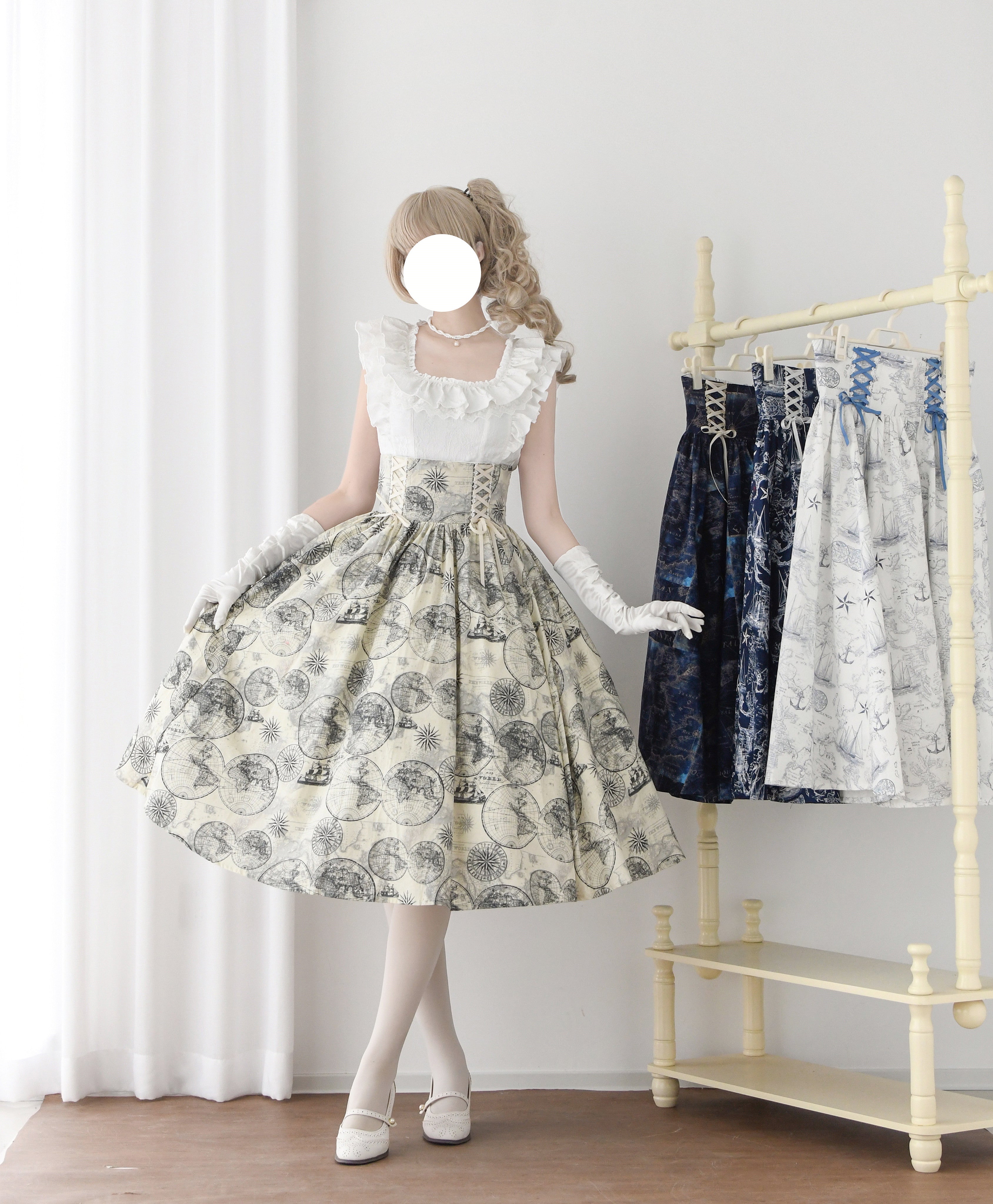 Embark on a journey of timeless elegance with this nautical-inspired Lolita skirt. Crafted in a soft beige hue, the design features intricate vintage sailing ship prints that evoke the romance of oceanic adventures. The high-waist cut and generously flared hem create a dramatic yet graceful silhouette, perfect for twirling. Made from premium lightweight fabric, this skirt balances sophistication with comfort. Ideal for seaside gatherings, themed events, or adding a touch of whimsical nostalgia to your coord