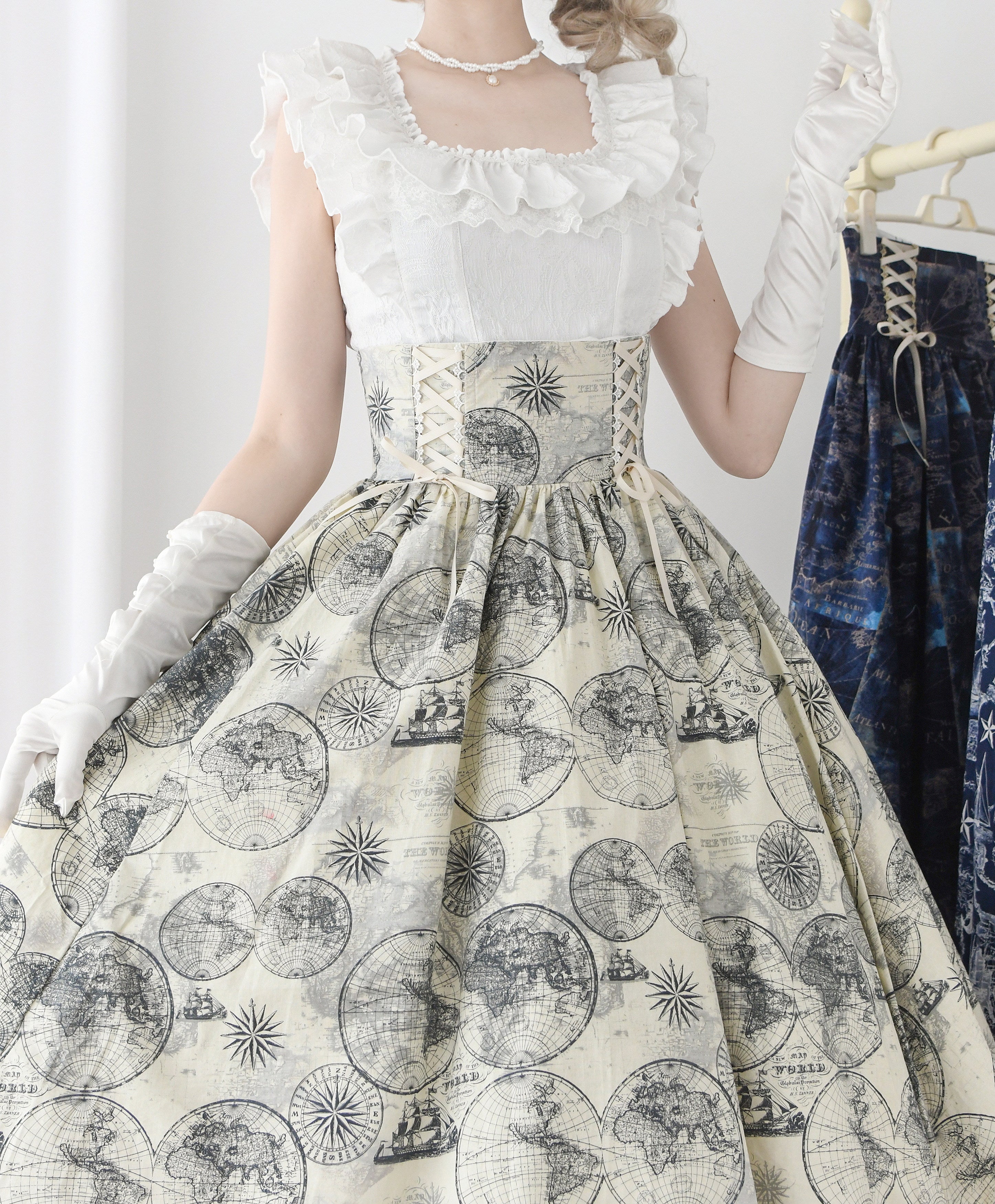 Embark on a journey of timeless elegance with this nautical-inspired Lolita skirt. Crafted in a soft beige hue, the design features intricate vintage sailing ship prints that evoke the romance of oceanic adventures. The high-waist cut and generously flared hem create a dramatic yet graceful silhouette, perfect for twirling. Made from premium lightweight fabric, this skirt balances sophistication with comfort. Ideal for seaside gatherings, themed events, or adding a touch of whimsical nostalgia to your coord