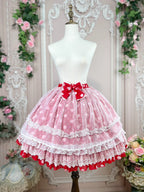 This sweet Lolita skirt combines vibrant red, green and orange hues in a playful summer design. The elastic waist ensures comfortable flexibility while layered chiffon and mesh create dynamic texture. Delicate bow accents add classic Lolita charm to this short skirt silhouette. Perfect for creating sweet or classic coordinates, this lightweight skirt offers effortless movement and timeless elegance. The cheerful color palette makes it ideal for seasonal celebrations and everyday fantasy wear.