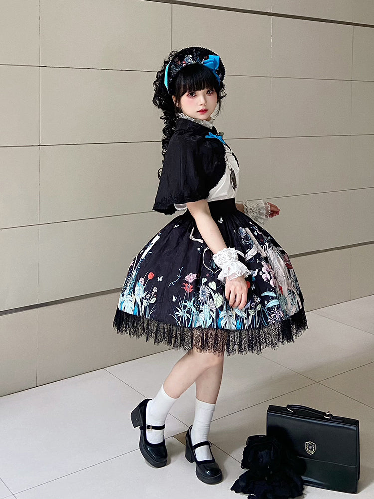 Unveil a realm of dark elegance with this original Gothic Lolita set, featuring an intricately embossed pattern that whispers of ancient mysteries. The high-waist SK skirt flows into a dramatic silhouette, paired with a matching cape that adds layers of theatrical grandeur. Crafted from premium textured fabric, the ensemble balances sophistication with subversive charm. Ideal for moonlit gatherings, Gothic events, or making a bold fashion statement, this set celebrates the artistry of shadow and light—where