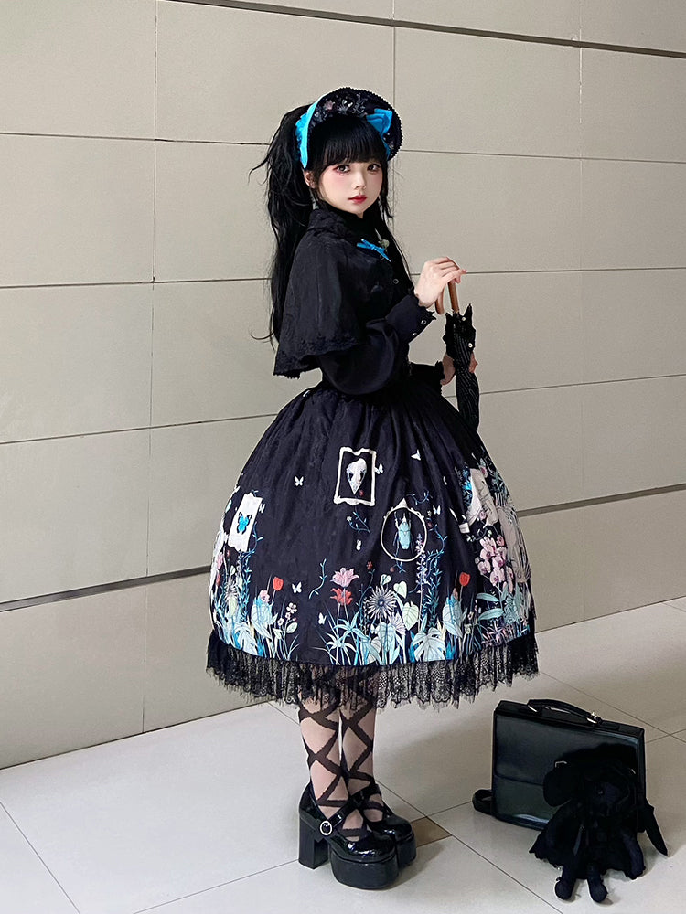 Unveil a realm of dark elegance with this original Gothic Lolita set, featuring an intricately embossed pattern that whispers of ancient mysteries. The high-waist SK skirt flows into a dramatic silhouette, paired with a matching cape that adds layers of theatrical grandeur. Crafted from premium textured fabric, the ensemble balances sophistication with subversive charm. Ideal for moonlit gatherings, Gothic events, or making a bold fashion statement, this set celebrates the artistry of shadow and light—where