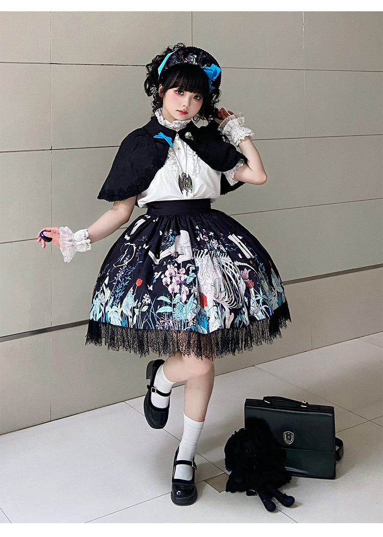 Unveil a realm of dark elegance with this original Gothic Lolita set, featuring an intricately embossed pattern that whispers of ancient mysteries. The high-waist SK skirt flows into a dramatic silhouette, paired with a matching cape that adds layers of theatrical grandeur. Crafted from premium textured fabric, the ensemble balances sophistication with subversive charm. Ideal for moonlit gatherings, Gothic events, or making a bold fashion statement, this set celebrates the artistry of shadow and light—where