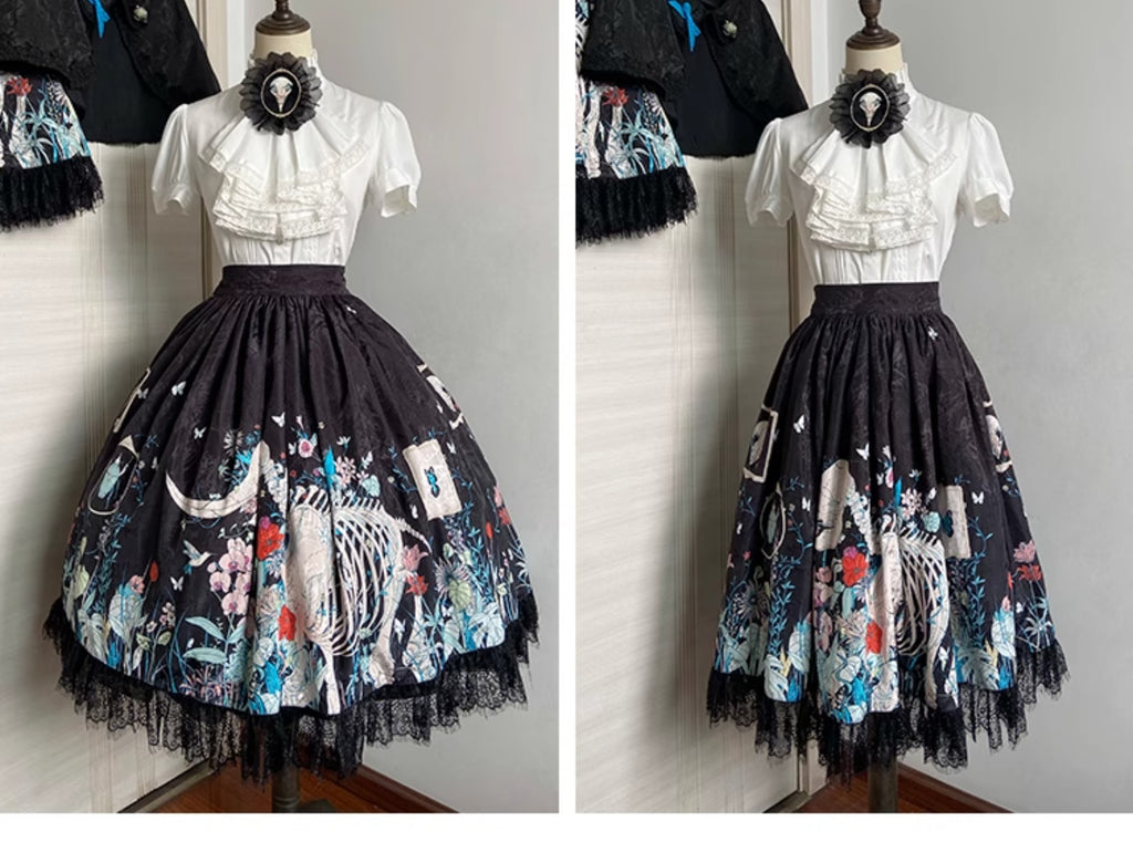 Unveil a realm of dark elegance with this original Gothic Lolita set, featuring an intricately embossed pattern that whispers of ancient mysteries. The high-waist SK skirt flows into a dramatic silhouette, paired with a matching cape that adds layers of theatrical grandeur. Crafted from premium textured fabric, the ensemble balances sophistication with subversive charm. Ideal for moonlit gatherings, Gothic events, or making a bold fashion statement, this set celebrates the artistry of shadow and light—where
