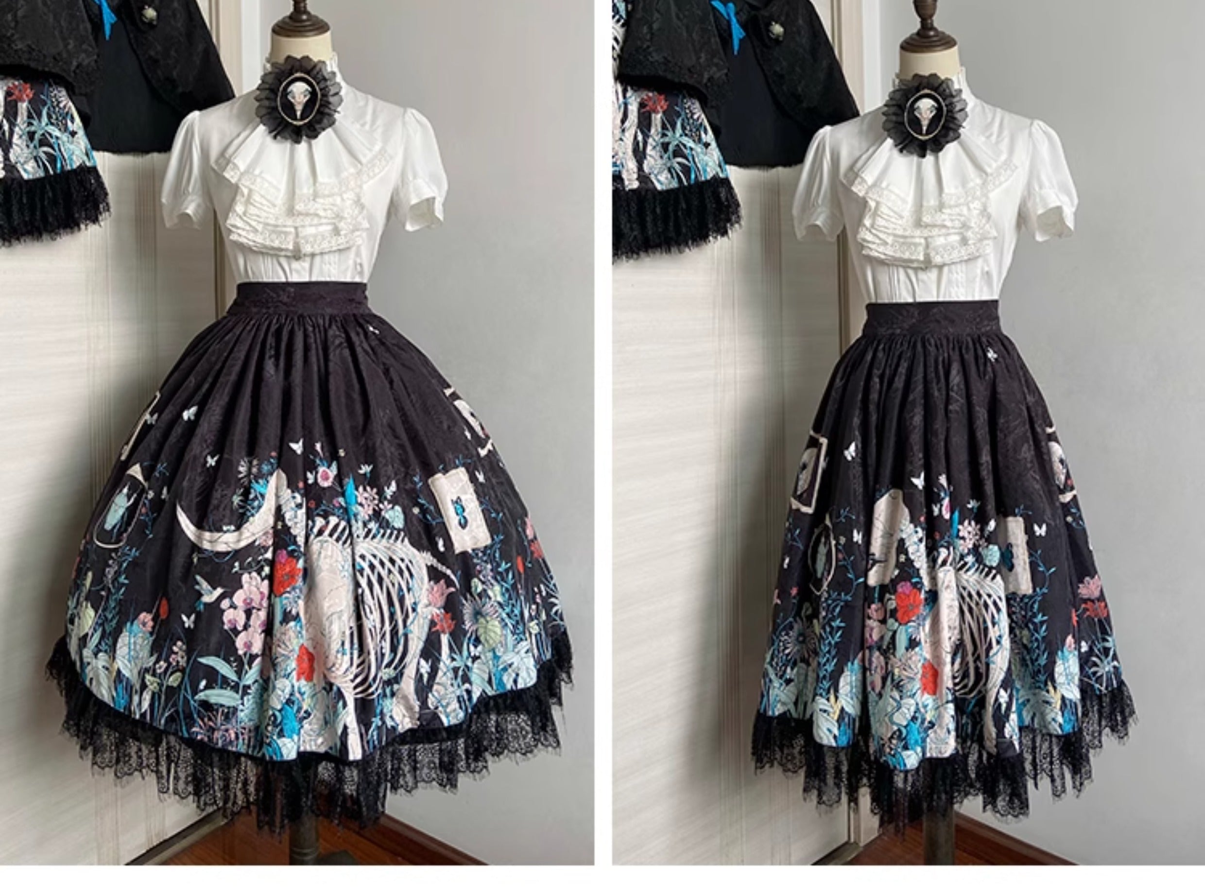 Unveil a realm of dark elegance with this original Gothic Lolita set, featuring an intricately embossed pattern that whispers of ancient mysteries. The high-waist SK skirt flows into a dramatic silhouette, paired with a matching cape that adds layers of theatrical grandeur. Crafted from premium textured fabric, the ensemble balances sophistication with subversive charm. Ideal for moonlit gatherings, Gothic events, or making a bold fashion statement, this set celebrates the artistry of shadow and light—where