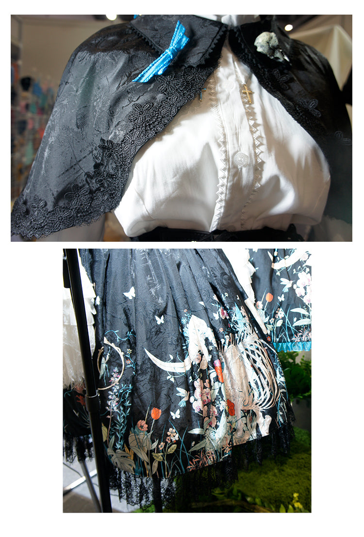 Unveil a realm of dark elegance with this original Gothic Lolita set, featuring an intricately embossed pattern that whispers of ancient mysteries. The high-waist SK skirt flows into a dramatic silhouette, paired with a matching cape that adds layers of theatrical grandeur. Crafted from premium textured fabric, the ensemble balances sophistication with subversive charm. Ideal for moonlit gatherings, Gothic events, or making a bold fashion statement, this set celebrates the artistry of shadow and light—where