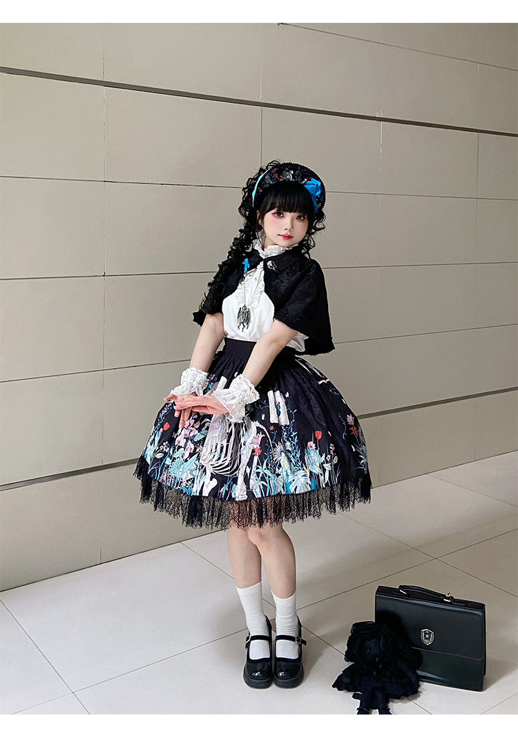 Unveil a realm of dark elegance with this original Gothic Lolita set, featuring an intricately embossed pattern that whispers of ancient mysteries. The high-waist SK skirt flows into a dramatic silhouette, paired with a matching cape that adds layers of theatrical grandeur. Crafted from premium textured fabric, the ensemble balances sophistication with subversive charm. Ideal for moonlit gatherings, Gothic events, or making a bold fashion statement, this set celebrates the artistry of shadow and light—where