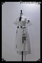 Blending Lolita’s delicate silhouette with techwear’s utilitarian edge, this skirt features asymmetric layered tiers, modular attachment points, and hidden pockets. The crisp white fabric contrasts with tactical straps and geometric seams, creating a fusion of poetic softness and cyberpunk functionality. Designed for dynamic movement and layered styling, it embodies a future where elegance meets rebellion.