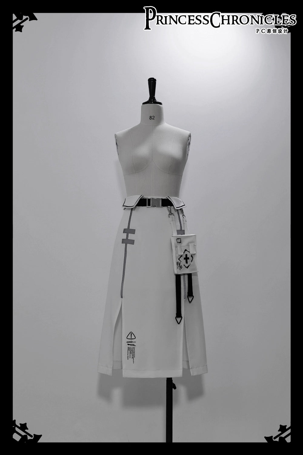 Blending Lolita’s delicate silhouette with techwear’s utilitarian edge, this skirt features asymmetric layered tiers, modular attachment points, and hidden pockets. The crisp white fabric contrasts with tactical straps and geometric seams, creating a fusion of poetic softness and cyberpunk functionality. Designed for dynamic movement and layered styling, it embodies a future where elegance meets rebellion.