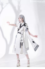 Blending Lolita’s delicate silhouette with techwear’s utilitarian edge, this skirt features asymmetric layered tiers, modular attachment points, and hidden pockets. The crisp white fabric contrasts with tactical straps and geometric seams, creating a fusion of poetic softness and cyberpunk functionality. Designed for dynamic movement and layered styling, it embodies a future where elegance meets rebellion.