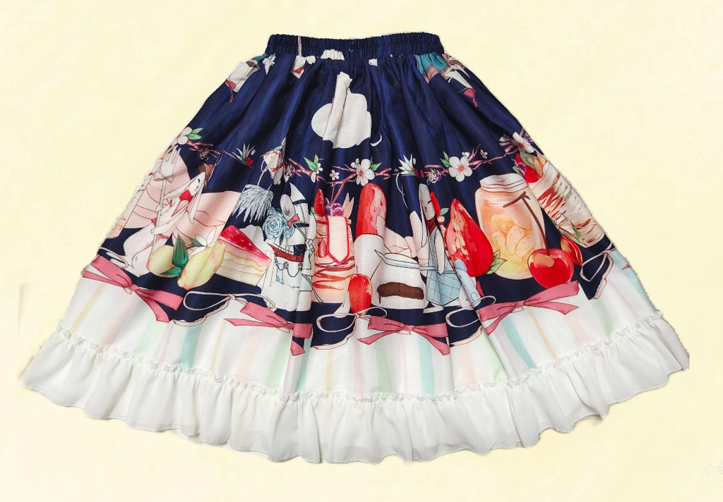 Step into a whimsical wonderland with our Magic Tea Party Lolita skirt, adorned with playful cartoon rabbit prints dancing among teacups and treats. This original design blends fantasy and elegance in a lightweight A-line silhouette, perfect for twirling through enchanted gatherings. Crafted from high-quality fabric with delicate lace trim and hidden pockets for practicality, it captures the joy of a storybook adventure. Ideal for tea parties, conventions, or adding a touch of fairy-tale charm to everyday w
