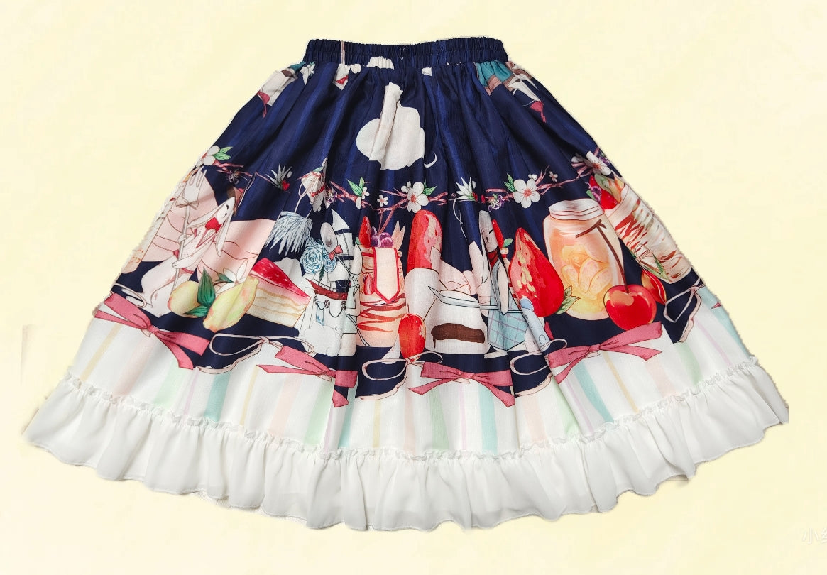 Step into a whimsical wonderland with our Magic Tea Party Lolita skirt, adorned with playful cartoon rabbit prints dancing among teacups and treats. This original design blends fantasy and elegance in a lightweight A-line silhouette, perfect for twirling through enchanted gatherings. Crafted from high-quality fabric with delicate lace trim and hidden pockets for practicality, it captures the joy of a storybook adventure. Ideal for tea parties, conventions, or adding a touch of fairy-tale charm to everyday w