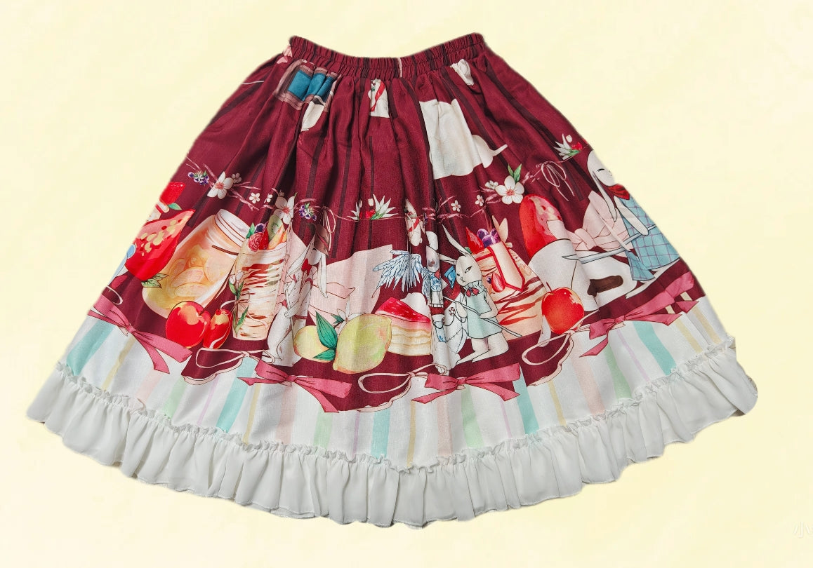 Step into a whimsical wonderland with our Magic Tea Party Lolita skirt, adorned with playful cartoon rabbit prints dancing among teacups and treats. This original design blends fantasy and elegance in a lightweight A-line silhouette, perfect for twirling through enchanted gatherings. Crafted from high-quality fabric with delicate lace trim and hidden pockets for practicality, it captures the joy of a storybook adventure. Ideal for tea parties, conventions, or adding a touch of fairy-tale charm to everyday w