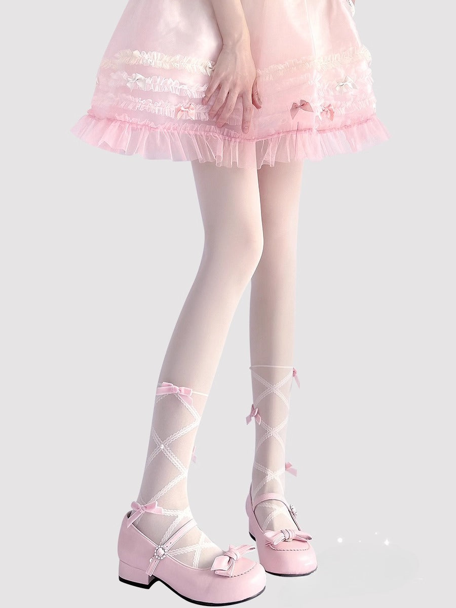Inspired by the delicate elegance of Lolita fashion, these tights combine fantasy and function. Adorned with dainty pearl details and a charming bow accent, they embody romantic innocence. Crafted with lightweight, snag-resistant fabric for summer comfort, they offer both durability and dreamy aesthetics. Perfect for completing a sweet Lolita coordinate while ensuring graceful movement all day.