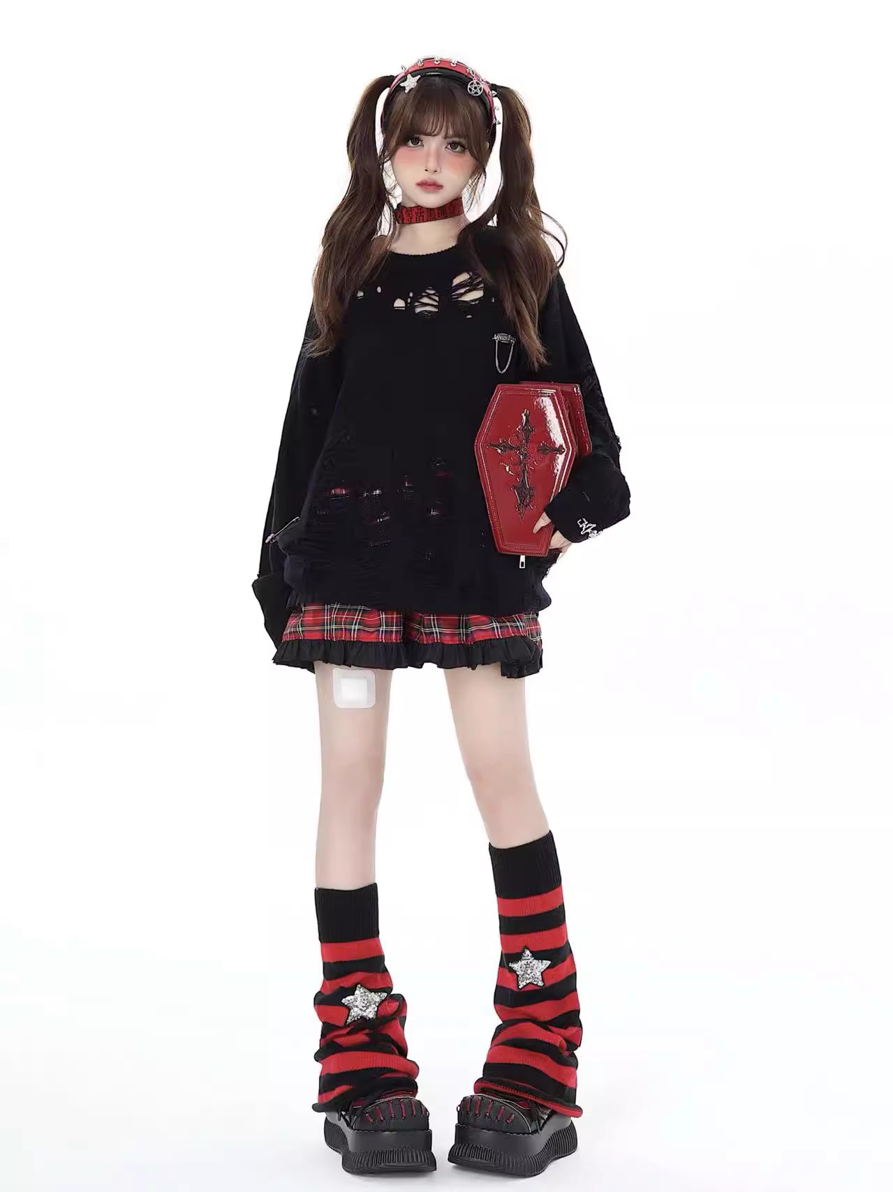 Mixing punk rebellion with cozy warmth, these leg warmers feature bold stripes and edgy star embroidery. The stretchy, thigh-hugging fit is perfect for layering, adding a touch of subculture style to any winter outfit. Stand out, stay warm, and defy the ordinary.