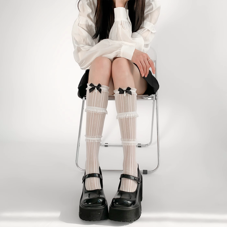 Lolita Stockings Ballet Style White Black Lace Calf Socks Bow Lolita Accessories