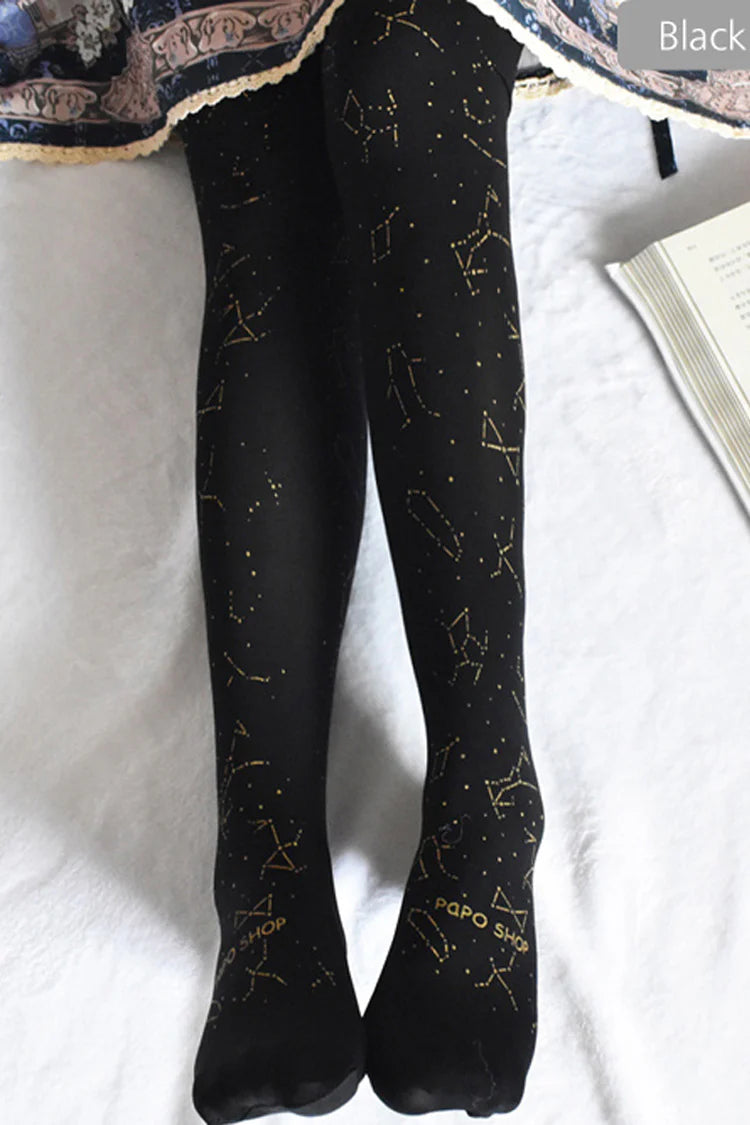 Inspired by the mysteries of the night sky, these classic Lolita tights blend celestial elegance with timeless charm. The intricate constellation print, adorned with subtle bronzing details, evokes a dreamy yet sophisticated atmosphere. Designed to complement both Gothic and Classic Lolita coordinates, these tights add a touch of celestial magic to any ensemble. Crafted for elegance and storytelling, they transform your look into a wearable work of art, perfect for enchanting evenings and poetic adventures.