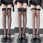 Designed for the daring and elegant, these black Gothic socks blend seduction with sophistication. The over-the-knee length and wide cuff create a striking silhouette, while intricate lace and fishnet detailing add texture and allure. Perfect for completing a bold Lolita or Gothic coord, these socks empower wearers to embrace their darkly romantic side. Crafted for both style and statement, they transform any outfit into a masterpiece of dramatic elegance.