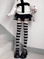 Lolita Stockings Black Grey Stripe Thigh High Socks Y2K Dark Punk JK Over Knee Stockings