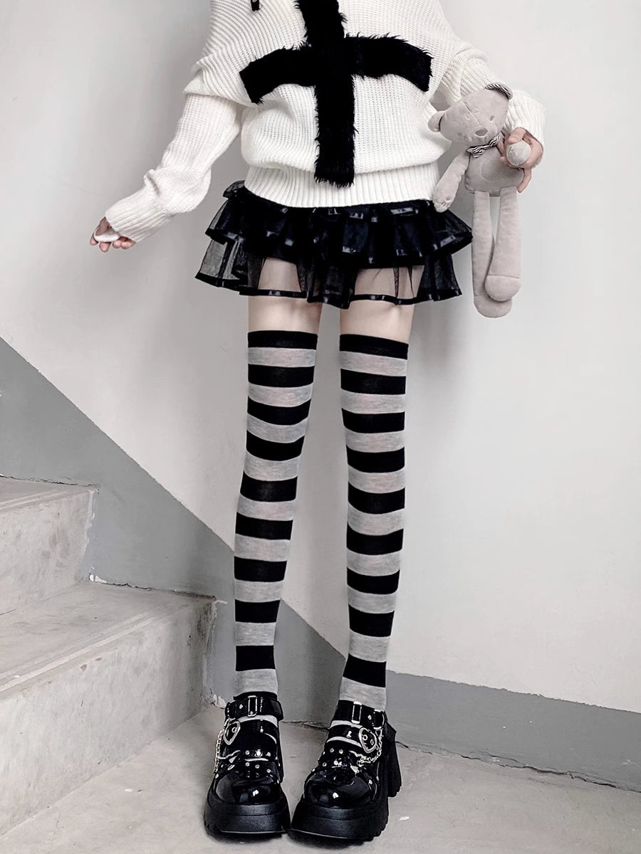 Lolita Stockings Black Grey Stripe Thigh High Socks Y2K Dark Punk JK Over Knee Stockings