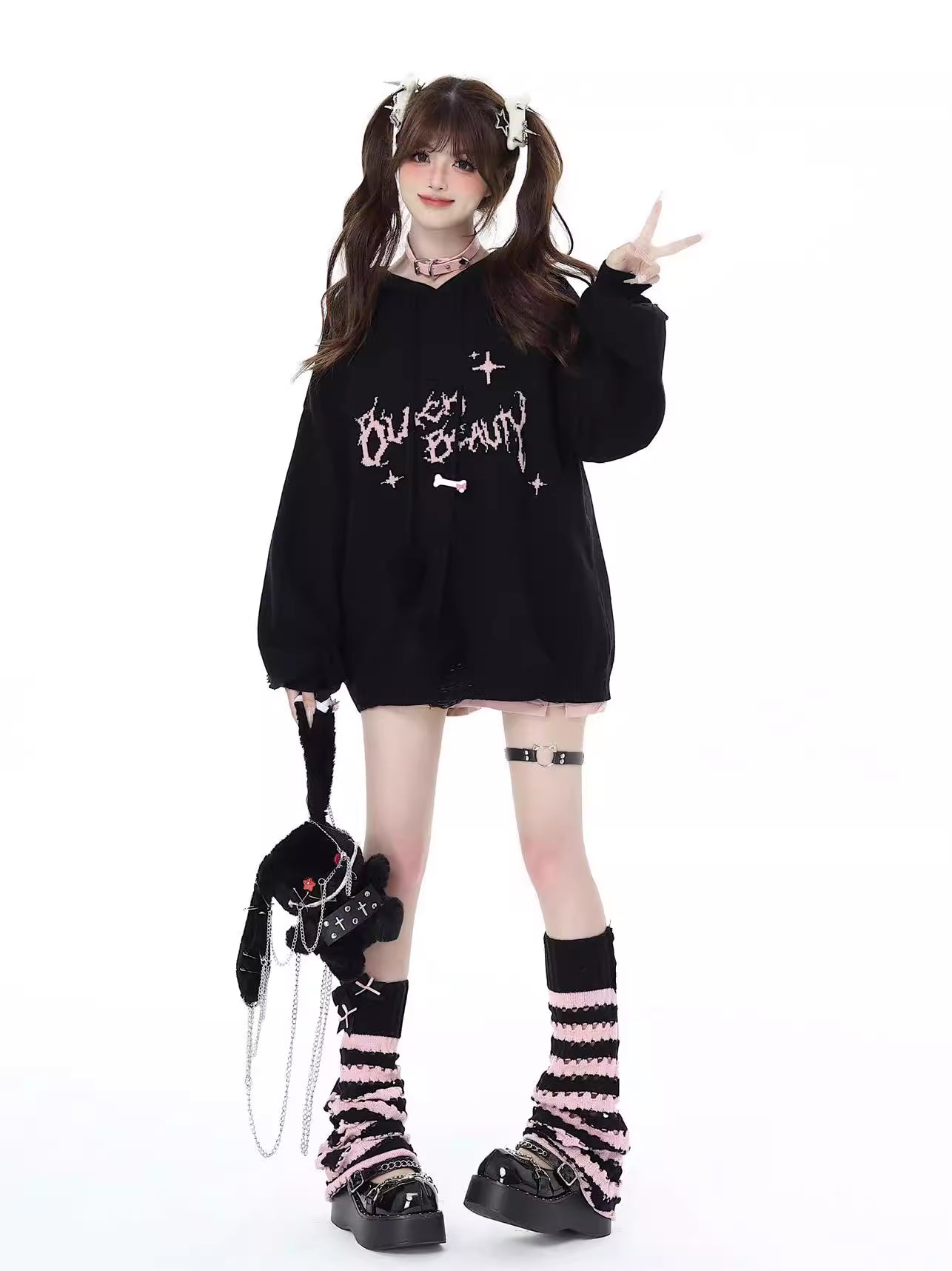 Inspired by the playful yet edgy "Sweet Punk" aesthetic, these knit sock boots blend Japanese-style cuteness with a touch of rebellion. The black and pink stripes and delicate cut-out details create a striking visual contrast, while the stretchy knit construction ensures a snug, comfortable fit. Perfect for adding a unique twist to your casual or street-style looks, these boots are designed for those who aren't afraid to mix sweetness with a little attitude.