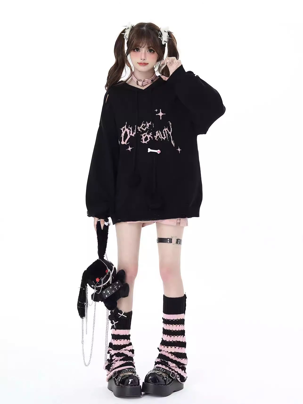 Inspired by the playful yet edgy "Sweet Punk" aesthetic, these knit sock boots blend Japanese-style cuteness with a touch of rebellion. The black and pink stripes and delicate cut-out details create a striking visual contrast, while the stretchy knit construction ensures a snug, comfortable fit. Perfect for adding a unique twist to your casual or street-style looks, these boots are designed for those who aren't afraid to mix sweetness with a little attitude.