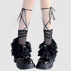 Lolita Stockings Black White Pink Y2K Sheer Lace Leg Warmers Cute Ribbon Tie Stacked Socks JK