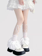 Lolita Stockings Black White Pink Y2K Sheer Lace Leg Warmers Cute Ribbon Tie Stacked Socks JK